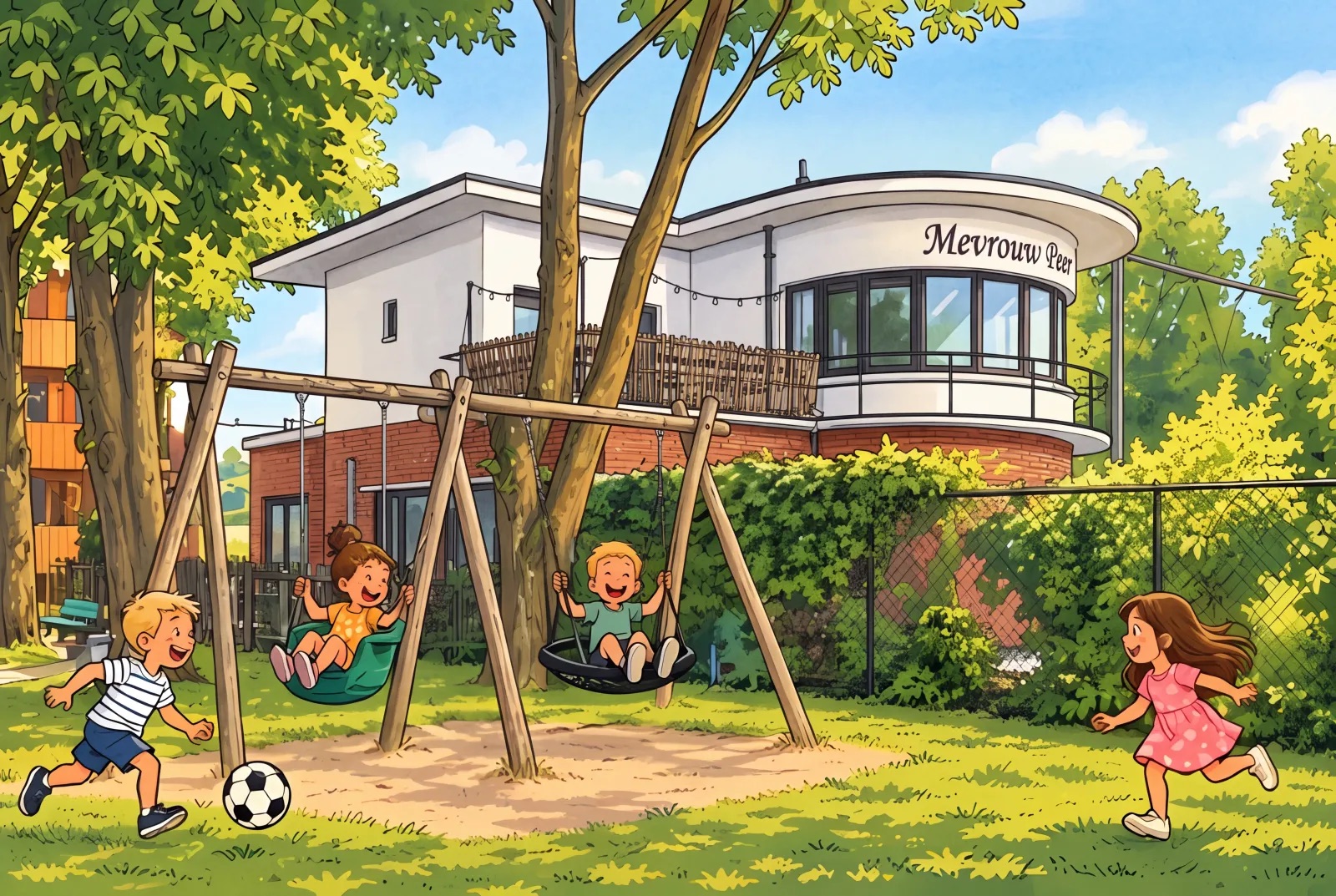 Tekening van Mevrouw Peer met spelende kinderen in de speeltuin voor het gebouw